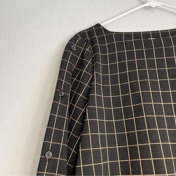 J jill Ponte Knit Windowpane Top Black Camel Boatneck Button Sleeve Size M - Picture 3 of 11